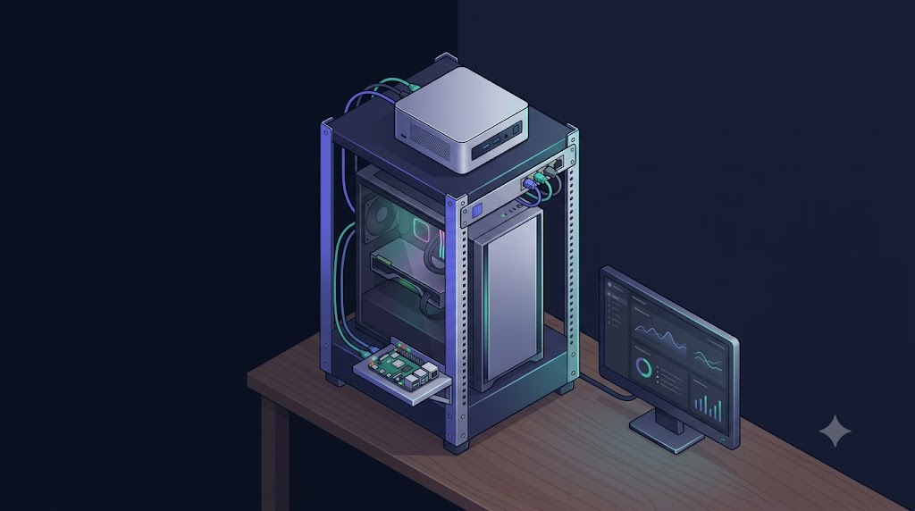 Illustration of the basement k3s home lab — a mini PC, a repurposed gaming desktop, and a Raspberry Pi